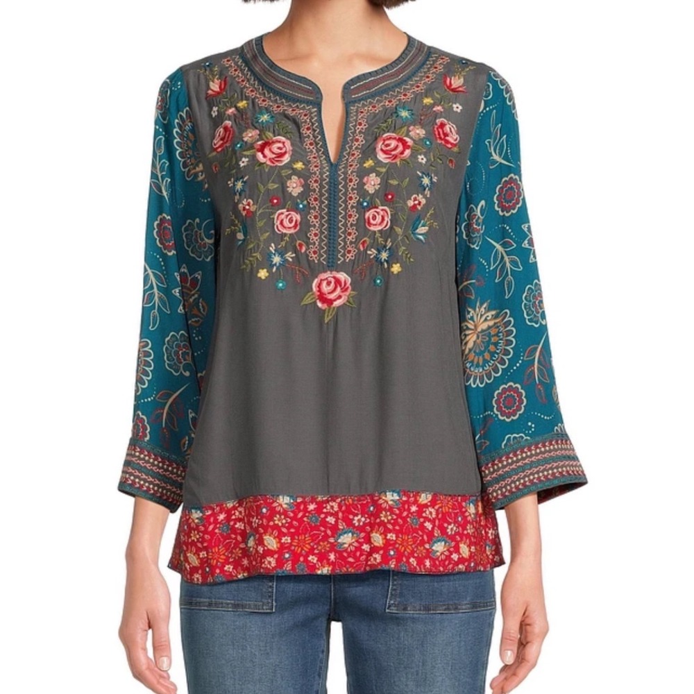 John Mark Mixed Media Embroidered Blouse Women 2X Grey Multi Boho Floral Paisley